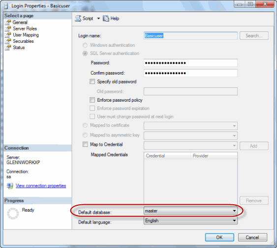 confirm database is set to master