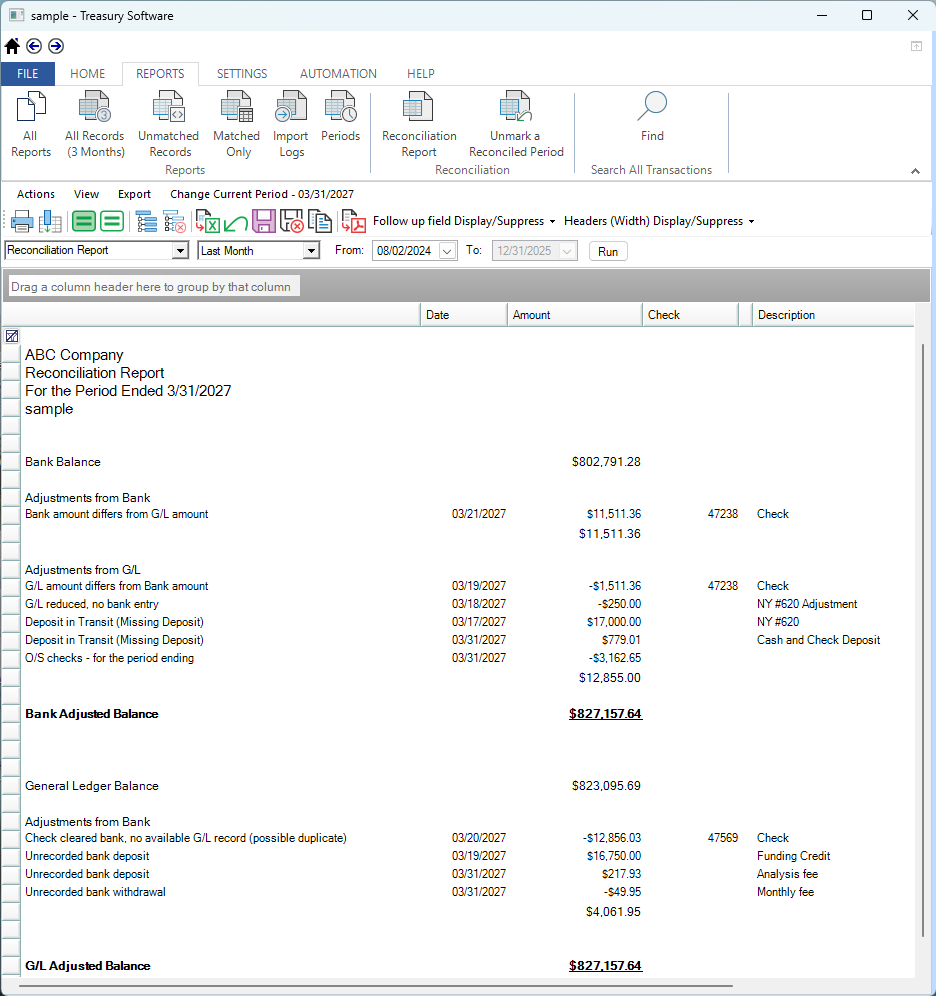 Create Bank Reconciliation Reports and export to Excel