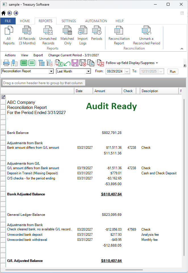 Create Bank Reconciliation Reports and export to Excel